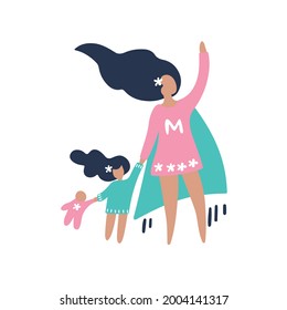 Super mom with a child flies up. The concept is a strong, optimistic, purposeful woman. Taking care of the family. Color vector flat illustration isolated on white background.