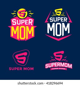 Super Mom Emblem. Super Hero Logo Set. Vector Illustration