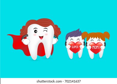 Super mom with family, tooth characters design. Love mom, happy mother's day. Great for dental care concept. Illustration isolated on blue background.