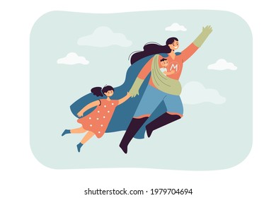 Super Mom flying with kids. Flat vector illustration. Female young superhero carrying happy baby and holding child. Family, motherhood, superhero concept for banner design or landing page