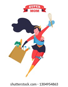 Super Mom. Flying superhero mother carrying a baby. Vector illustration