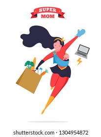 Super Mom. Flying superhero mother carrying a baby. Vector illustration