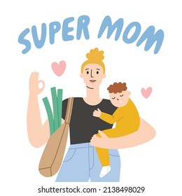 Super Mom hand drawn lettering.  Mother with a baby. Happy family. Vector illustration of super mom on Mother's Day. Can be used in magazine, banner, social media, typographic and web design.