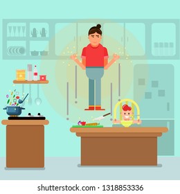 super mom have special power,cooking with magic flat design,vector illustration