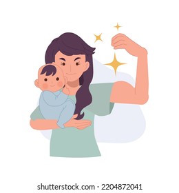 Super Mom - Mother Flexing Muscles. Mother Holding Baby. Vector Illustration