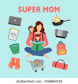 Super mom with multitasking- cooking, cleaning, taking care of baby and office work. Busy mother.