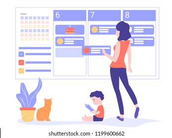 Super Mom is planning a week. A freelance mother, she manages to work and raise her son. Online organizer, scheduler. Nearby there is a pot with a flower and a cat sits.