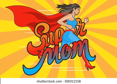 Super Mamá. Mujer Corriendo. Héroe femenino. Muchacha con atuendo de superhéroe. Pin Up Comic Style. Ilustración vectorial de arte pop