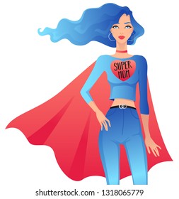"Super Mom" superhero mascot. Vector illustration in flat art style. Beautiful female character with blue hair, wearing suit and red cape. Isolated on white.