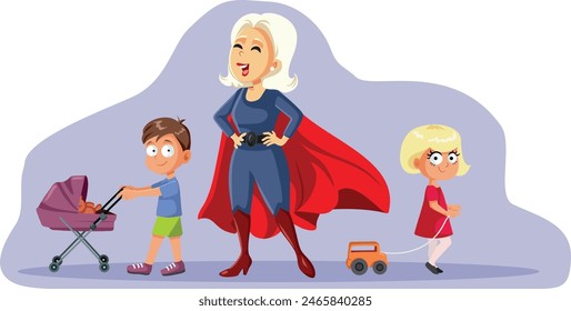 
Super Mom Surrounded by her Kids Vector Cartoon Design. Optimistic mother feeling cheerful and excited 
