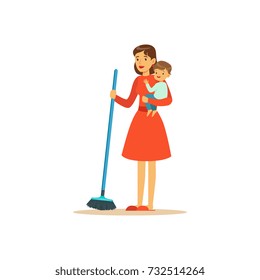 Super mom sweep the floor, character with child