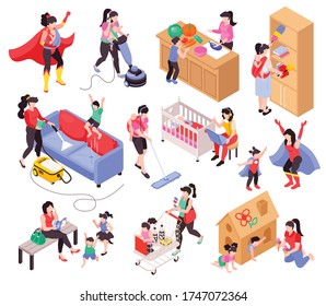 Super mom vacuum cleaning working with babies shopping playing with toddlers cooking with kids isometric set vector illustration 