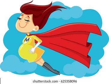 Super Mom Vector Cartoon Illustration - Drawing Of A Superhero Pregnant Mother To Be
