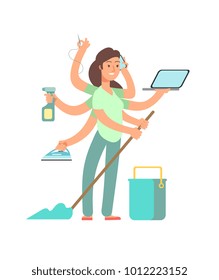 Super mom vector concept. Stressed mother in business and housework activities. Mother housework, mom busy multi tasking illustration