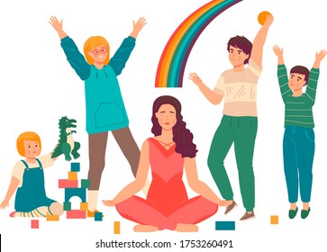 Super mom vector illustration. Cartoon flat beautiful young mother practices yoga in lotus asana, mommy character doing meditation while children play games or toys. Happy motherhood isolated on white