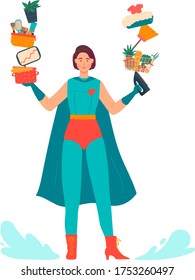 Super mom vector illustration. Cartoon flat beautiful young mother in superhero costume makes multitask home work, active busy mommy character cooking, shopping or cleaning house isolated on white