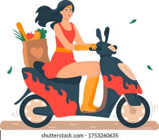 Super Mom Vector Illustration. Cartoon Flat Beautiful Young Mother In Superhero Costume Riding Motorbike Or Scooter, Active Busy Mommy Character Going Out Of Shop With Purchases Isolated On White