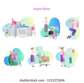 Super mom vector illustration collection set. Busy mom with kids and children. Household activities like cooking, painting, exercising, sleeping, shopping and walking. One person manage everything.