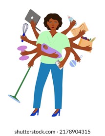 Super Mom, Super Woman, Business Woman. Multitasking Woman. An African-American Woman In Business Attire Holds A Baby And Many Objects In Her Arms, Symbolizing Her Multitasking.