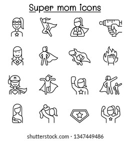 Super Mom, Super Woman, Hero Icon Set In Thin Line Style