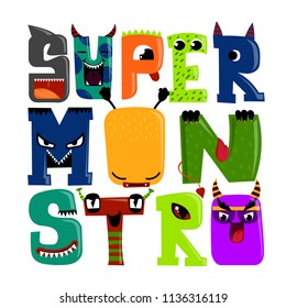 Super monstro. T shirt design with letter like monster, cartoon character, shark, devil, snake. Mutant character with horn, tongue, fin, fangs. letting composition