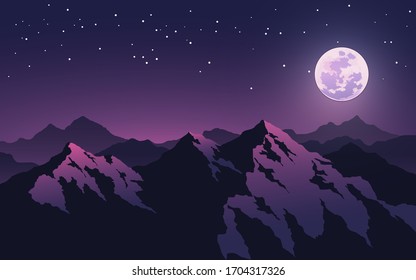 Super moon over mountain range with starry sky