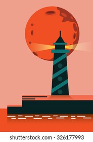 Super moon rising over lighthouse. flat design elements. vector illustration
