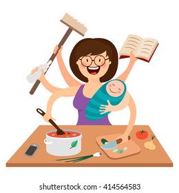 Super Mom Vector Illustration Collection Set. Busy Mom With Kids And  Children. Household Activities Like Cooking, Painting, Exercising,  Sleeping, Shopping And Walking. One Person Manage Everything. Royalty Free  SVG, Cliparts, Vectors, and