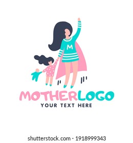 Super mother carrying her kid and baby with superhero cloak. Mother lift her children fly. Flat hand drawn logo