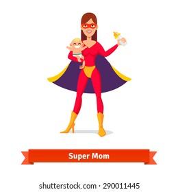 Super mother holding son in her arms and baby milk bottle. Woman and her boy. Flat style vector illustration.