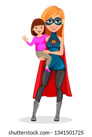 Super mother woman superhero. Concept of woman wearing superhero costume. Cartoon character holding her daughter. Vector illustration on white background