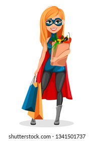 Super mother woman superhero. Concept of woman wearing superhero costume. Cartoon character holding shopping bags. Vector illustration on white background