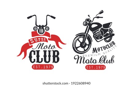 Super Moto Club Retro Logo Templates Set, Racer Club Premium Quality Badges with Classic Motorcycle Vector Illustration