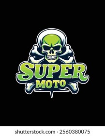 Super Moto Skeleton Head T-Shirt Design Vintage Skull Art for Bikers