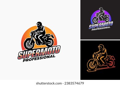 Super motor Professional Logo Design Vorlage, ein fesselndes Bild eines Motorradfahrers auf einem Motorrad mit der Sonne im Hintergrund.