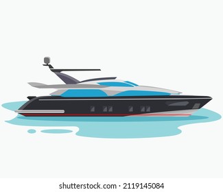 Super Motor Yacht At Sea. Vector Illustration Of Yacht Or Vessel With Solid Background. Luxurious Ship For Trip Or Party In The Ocean, Yacht Illustration For Rent Or For Sale, Boat Icon On The Ocean