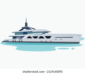 Super Motor Yacht auf See. Vektorgrafik von Yacht oder Schiff auf solidem Hintergrund. Luxuriöses Schiff für Ausflüge oder Feiern im Ozean, Yachtgrafik zum Mieten oder zum Verkauf, Schiff-Ikone auf dem Ozean