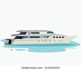 Super motor yacht at sea. Vector illustration of yacht or vessel with solid background. Luxurious ship for trip or party in the ocean, yacht illustration for rent or for sale, boat icon on the ocean