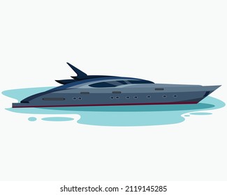 Super Motor Yacht At Sea. Vector Illustration Of Yacht Or Vessel With Solid Background. Luxurious Ship For Trip Or Party In The Ocean, Yacht Illustration For Rent Or For Sale, Boat Icon On The Ocean