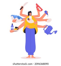 Super Multitasking Housewife, Busy Mom Cleaning And Cooking. Super Mom, Busy Multitasking Housewife Does Several Tasks Vector Illustration. Busy Housewife Holding Baby, Laundry And Watering Can