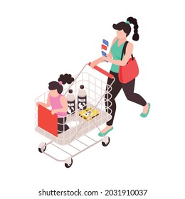 Super mum doing shopping with her daughter while answering text messages isometric icon vector illustration