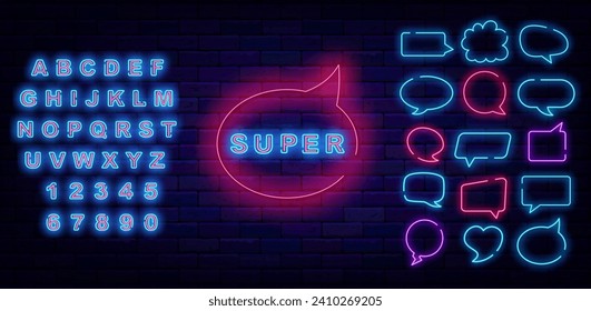 Super neon inscription. Cool concept. Bingo and winning. Shiny typography. Bright blue alphabet. Glowing banner. Speech bubbles frames set. Editable stroke. Vector stock illustration