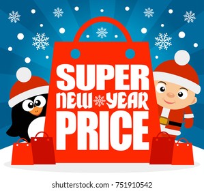 Super New Year  Price card with boy penguin.Vector illustration