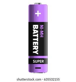 Super nickel-metal hydride type of powerful and compact battery isolated on white. Qualitative energy container for long usage in purple and black colors. Small galvanic appliance vector illustration.