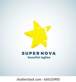 Super Nova Abstract Vector Sign, Emblem or Logo Template. Star Silhouette as a Beautiful Woman Face. Flat Style Symbol with Modern Typography. Isolated.