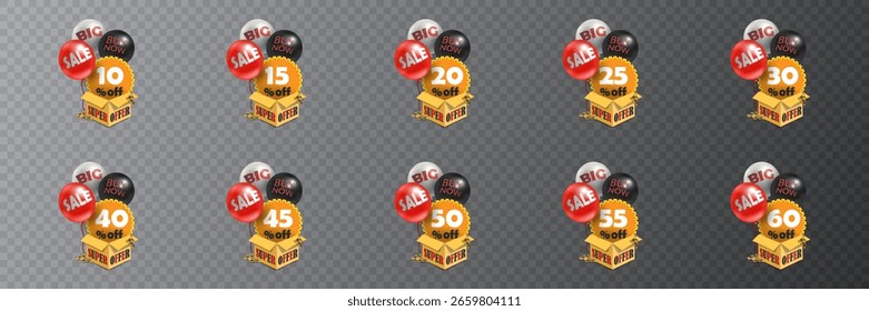 Super offer labels with balloons and a box with discounts 10-60% off.