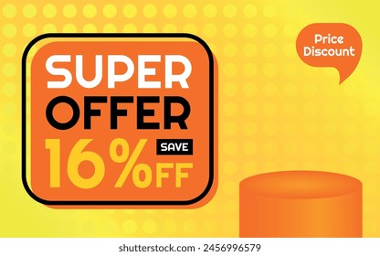 Super Offer Product Template - 16% off Creative Advertising Banner, Orange, Yellow, Black, White, Polka Dots Background, Speech Bubble for Price