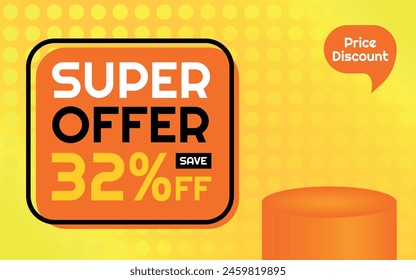 Super Offer Produkt Vorlage - 32% Rabatt Creative Advertising Banner, Orange, Gelb, Schwarz, Weiß, Polka Dots Hintergrund, Sprechblase für Preis