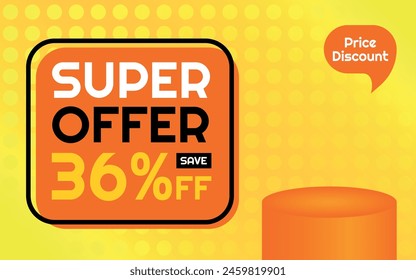 Super Offer Product Template - 36% off Creative Advertising Banner, Orange, Yellow, Black, White, Polka Dots Background, Speech Bubble for Price