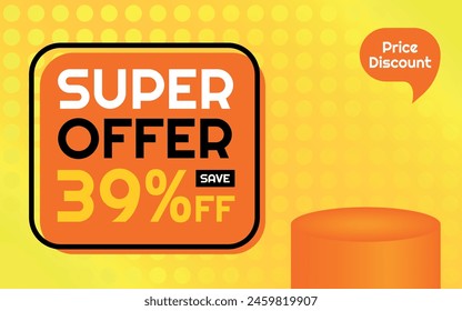 Super Offer Produkt Vorlage - 39% Rabatt Creative Advertising Banner, Orange, Gelb, Schwarz, Weiß, Polka Dots Hintergrund, Sprechblase für Preis